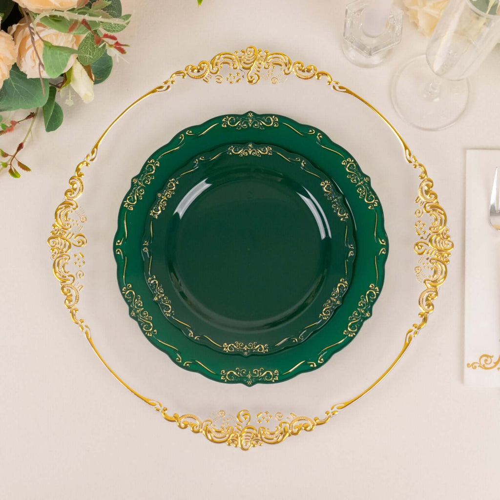10 - Pack Plastic 7" Round Dessert Plates in Hunter Emerald Green with Gold Vintage Embossed Rim - Sturdy Disposable Scalloped Edge Salad Plates - Bell Racket Store