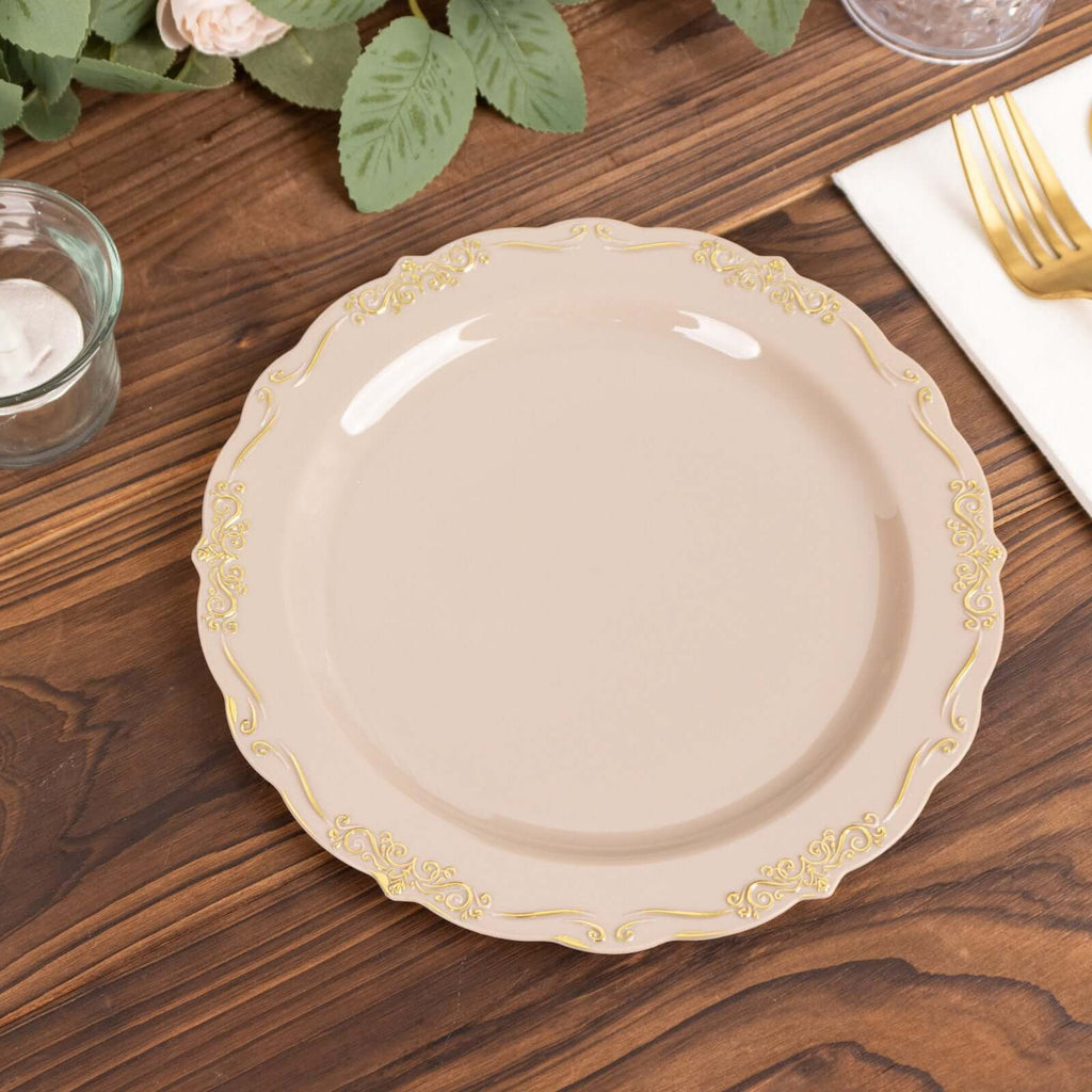 10 - Pack Plastic 7" Round Dessert Plates in Taupe with Gold Vintage Embossed Rim - Sturdy Disposable Scalloped Edge Salad Plates - Bell Racket Store