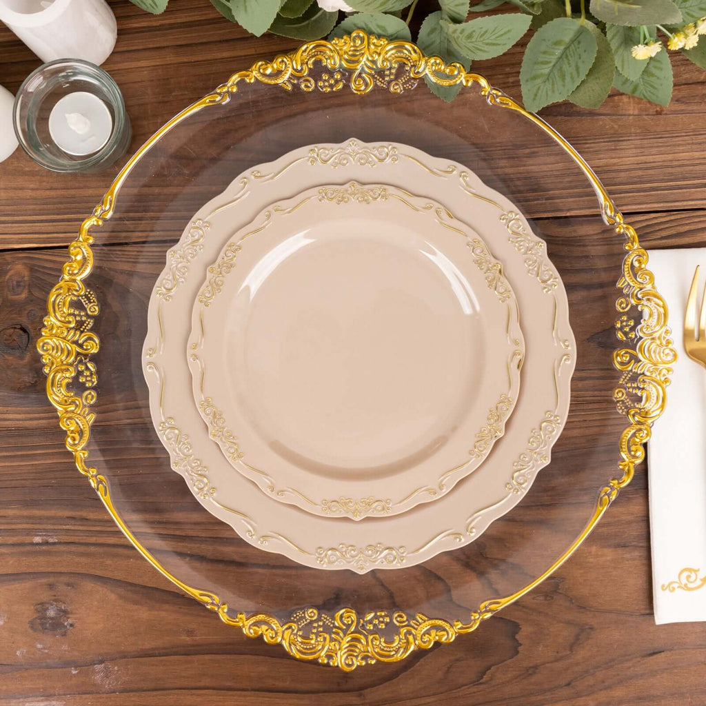 10 - Pack Plastic 7" Round Dessert Plates in Taupe with Gold Vintage Embossed Rim - Sturdy Disposable Scalloped Edge Salad Plates - Bell Racket Store