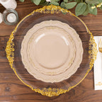 10 - Pack Plastic 7" Round Dessert Plates in Taupe with Gold Vintage Embossed Rim - Sturdy Disposable Scalloped Edge Salad Plates - Bell Racket Store
