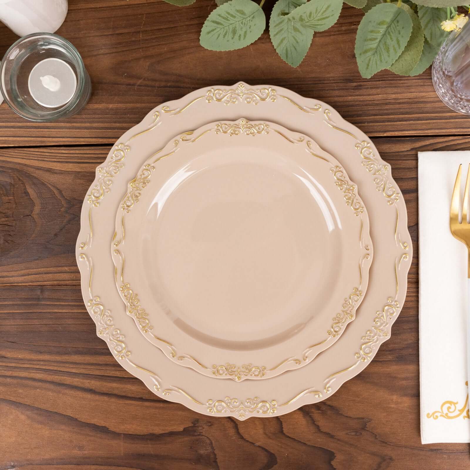 10 - Pack Plastic 7" Round Dessert Plates in Taupe with Gold Vintage Embossed Rim - Sturdy Disposable Scalloped Edge Salad Plates - Bell Racket Store