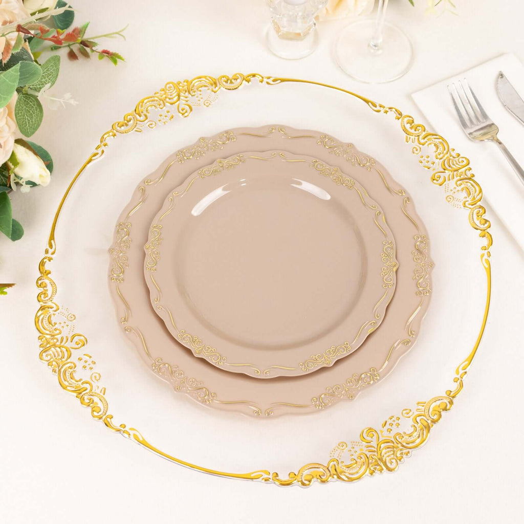 10 - Pack Plastic 7" Round Dessert Plates in Taupe with Gold Vintage Embossed Rim - Sturdy Disposable Scalloped Edge Salad Plates - Bell Racket Store