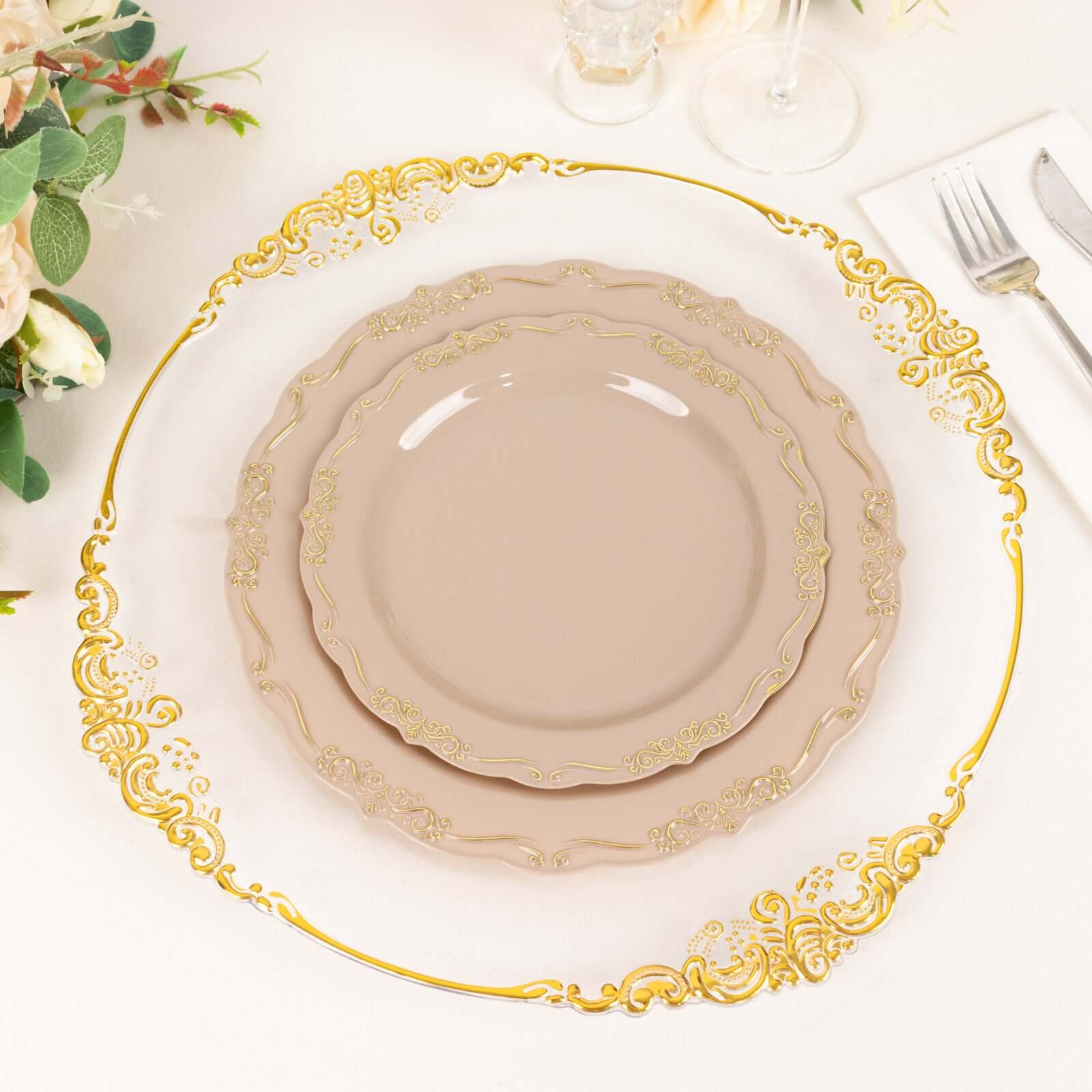 10 - Pack Plastic 7" Round Dessert Plates in Taupe with Gold Vintage Embossed Rim - Sturdy Disposable Scalloped Edge Salad Plates - Bell Racket Store