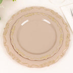10 - Pack Plastic 7" Round Dessert Plates in Taupe with Gold Vintage Embossed Rim - Sturdy Disposable Scalloped Edge Salad Plates - Bell Racket Store