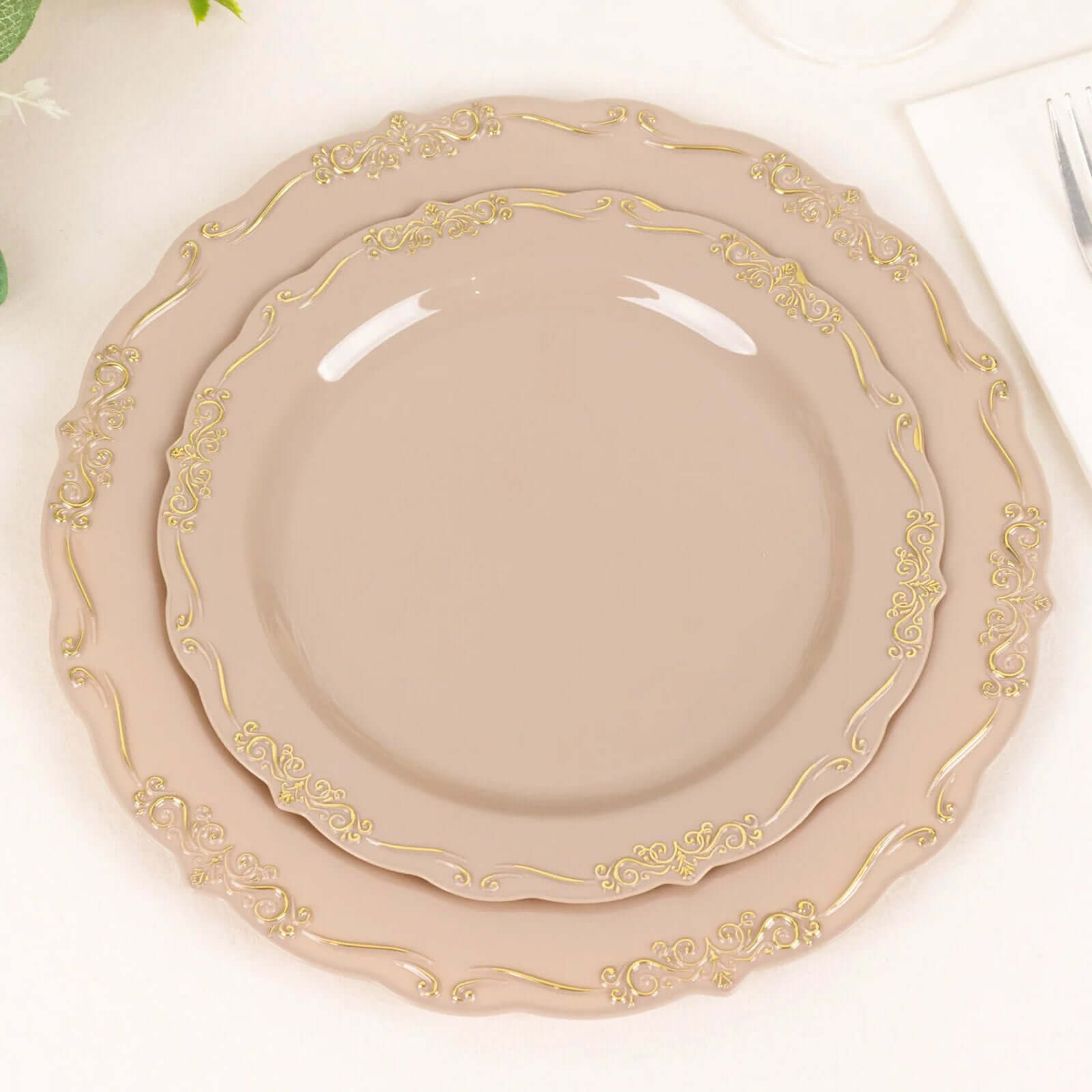 10 - Pack Plastic 7" Round Dessert Plates in Taupe with Gold Vintage Embossed Rim - Sturdy Disposable Scalloped Edge Salad Plates - Bell Racket Store