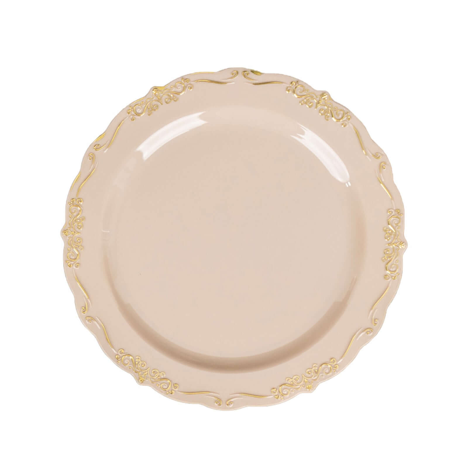 10 - Pack Plastic 7" Round Dessert Plates in Taupe with Gold Vintage Embossed Rim - Sturdy Disposable Scalloped Edge Salad Plates - Bell Racket Store