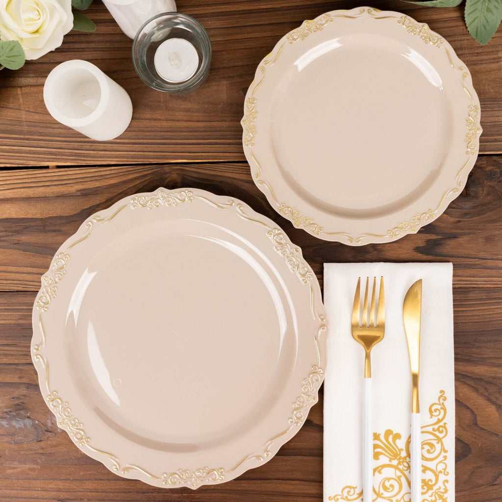 10 - Pack Plastic 7" Round Dessert Plates in Taupe with Gold Vintage Embossed Rim - Sturdy Disposable Scalloped Edge Salad Plates - Bell Racket Store