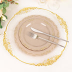 10 - Pack Plastic 7" Round Dessert Plates in Taupe with Gold Vintage Embossed Rim - Sturdy Disposable Scalloped Edge Salad Plates - Bell Racket Store