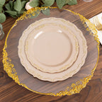 10 - Pack Plastic 7" Round Dessert Plates in Taupe with Gold Vintage Embossed Rim - Sturdy Disposable Scalloped Edge Salad Plates - Bell Racket Store