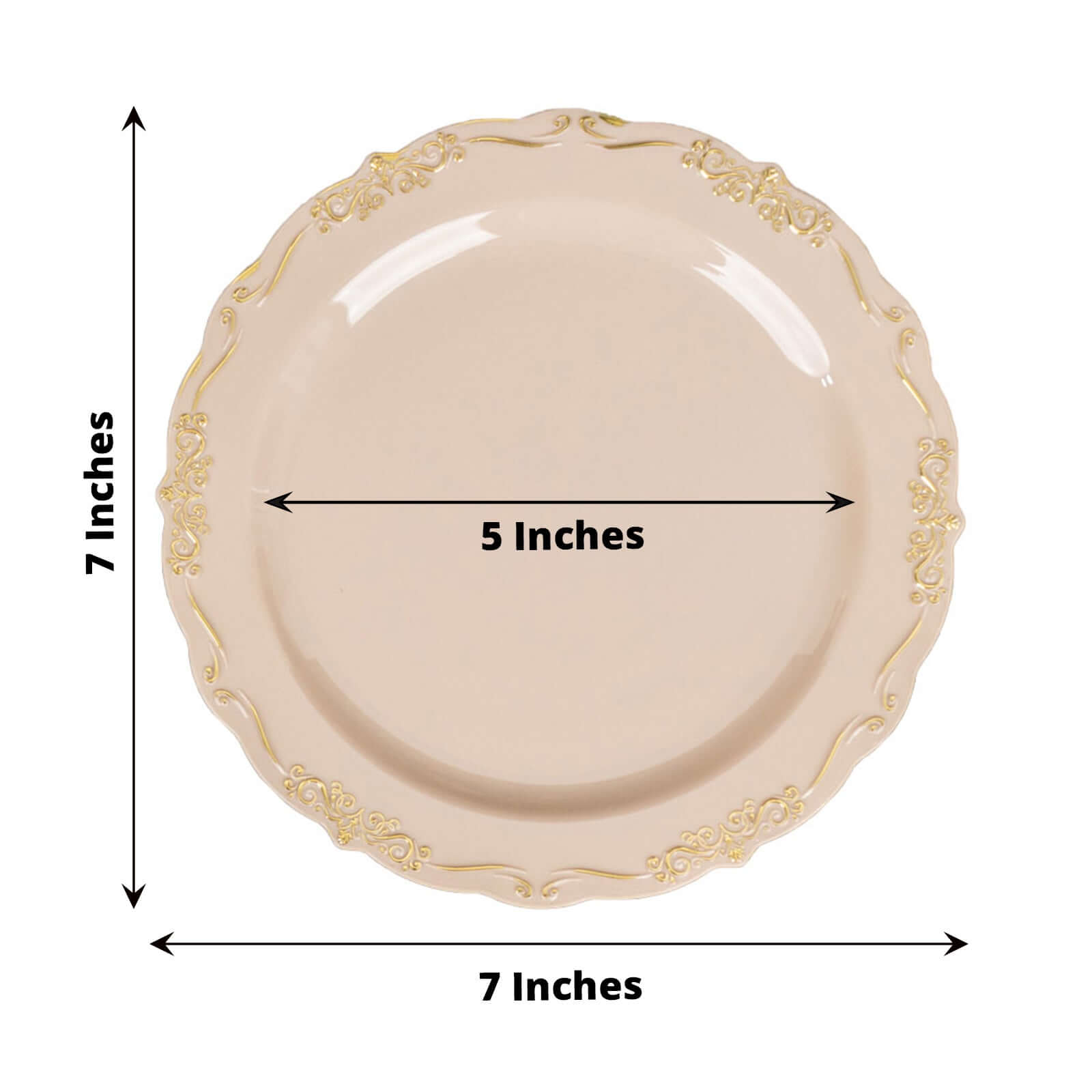 10 - Pack Plastic 7" Round Dessert Plates in Taupe with Gold Vintage Embossed Rim - Sturdy Disposable Scalloped Edge Salad Plates - Bell Racket Store