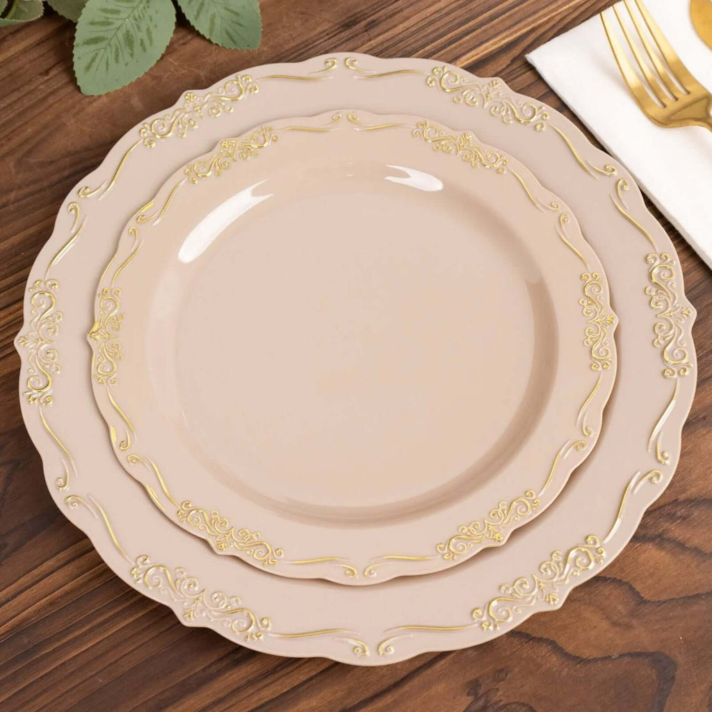 10 - Pack Plastic 7" Round Dessert Plates in Taupe with Gold Vintage Embossed Rim - Sturdy Disposable Scalloped Edge Salad Plates - Bell Racket Store