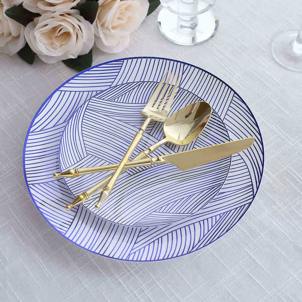 10 - Pack Plastic 7" Round Dessert Plates in White with Blue Wave Brush Strokes Pattern - Disposable Appetizer Salad Plates - Bell Racket Store