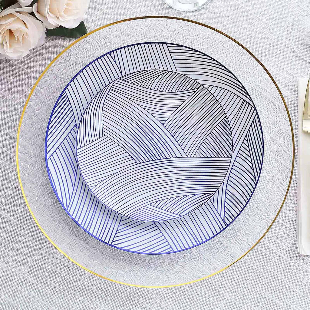 10 - Pack Plastic 7" Round Dessert Plates in White with Blue Wave Brush Strokes Pattern - Disposable Appetizer Salad Plates - Bell Racket Store