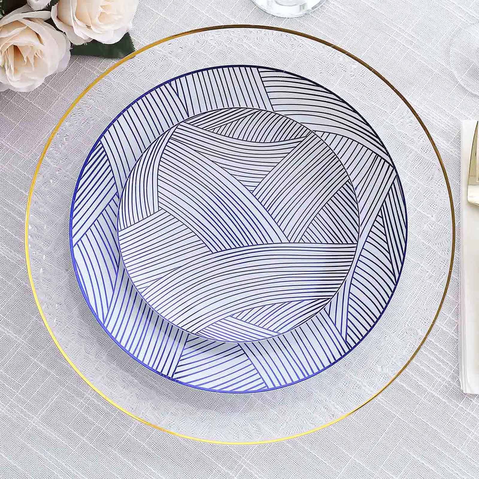 10 - Pack Plastic 7" Round Dessert Plates in White with Blue Wave Brush Strokes Pattern - Disposable Appetizer Salad Plates - Bell Racket Store