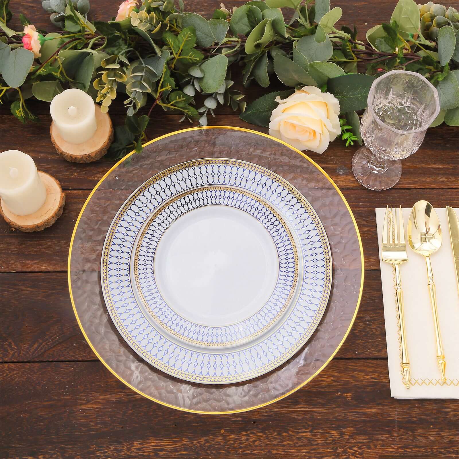 10 - Pack Plastic 7" Round Dessert Plates in White with Gold Navy Blue Chord Rim - Renaissance Style Disposable Salad Appetizer Plates for Events & Banquets - Bell Racket Store