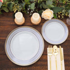 10 - Pack Plastic 7" Round Dessert Plates in White with Gold Navy Blue Chord Rim - Renaissance Style Disposable Salad Appetizer Plates for Events & Banquets - Bell Racket Store