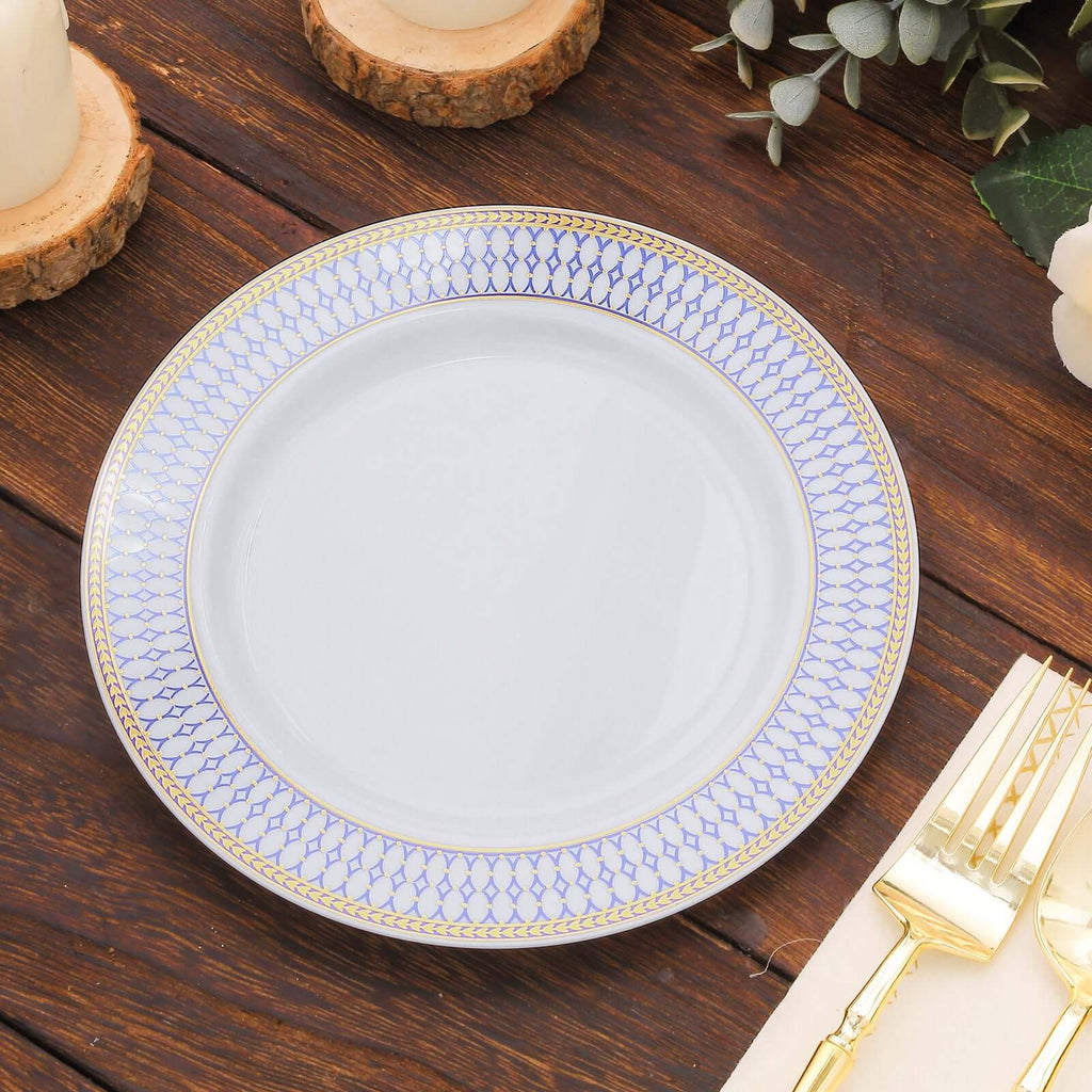 10 - Pack Plastic 7" Round Dessert Plates in White with Gold Navy Blue Chord Rim - Renaissance Style Disposable Salad Appetizer Plates for Events & Banquets - Bell Racket Store