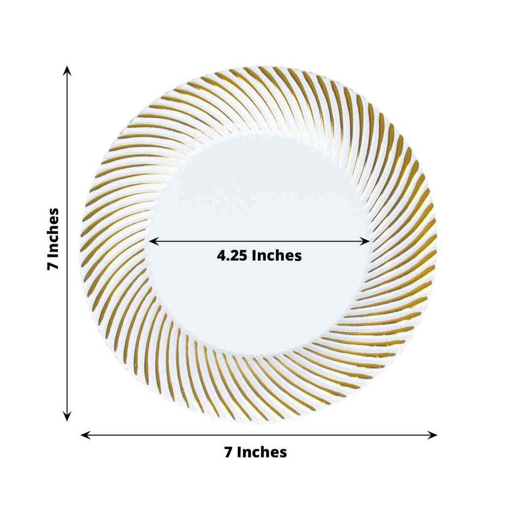 10 - Pack Plastic 7" Round Dessert Plates in White with Gold Swirl Rim - Disposable Salad Plates for Classy Events & Banquets - Bell Racket Store