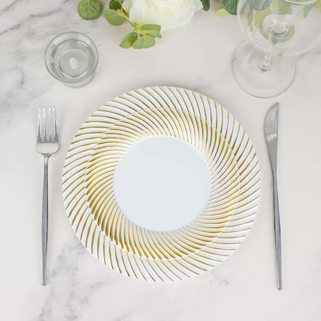 10 - Pack Plastic 7" Round Dessert Plates in White with Gold Swirl Rim - Disposable Salad Plates for Classy Events & Banquets - Bell Racket Store