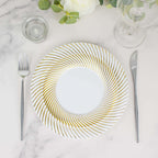 10 - Pack Plastic 7" Round Dessert Plates in White with Gold Swirl Rim - Disposable Salad Plates for Classy Events & Banquets - Bell Racket Store