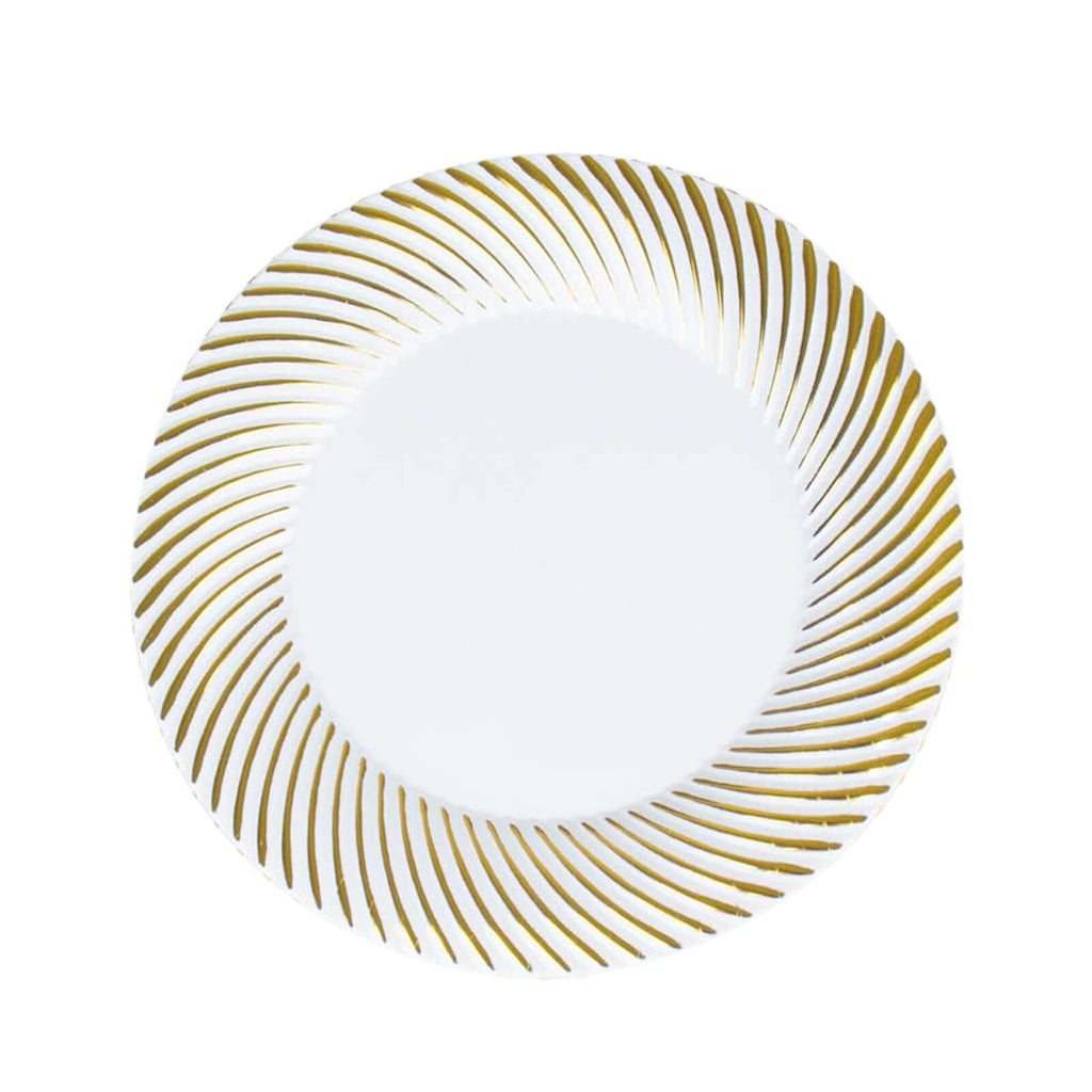 10 - Pack Plastic 7" Round Dessert Plates in White with Gold Swirl Rim - Disposable Salad Plates for Classy Events & Banquets - Bell Racket Store