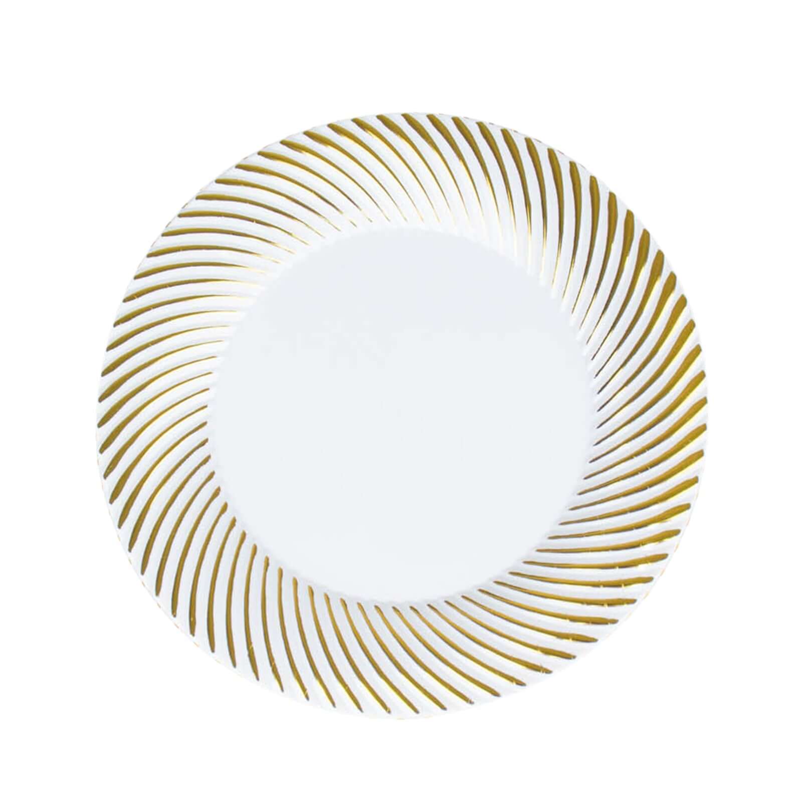 10 - Pack Plastic 7" Round Dessert Plates in White with Gold Swirl Rim - Disposable Salad Plates for Classy Events & Banquets - Bell Racket Store