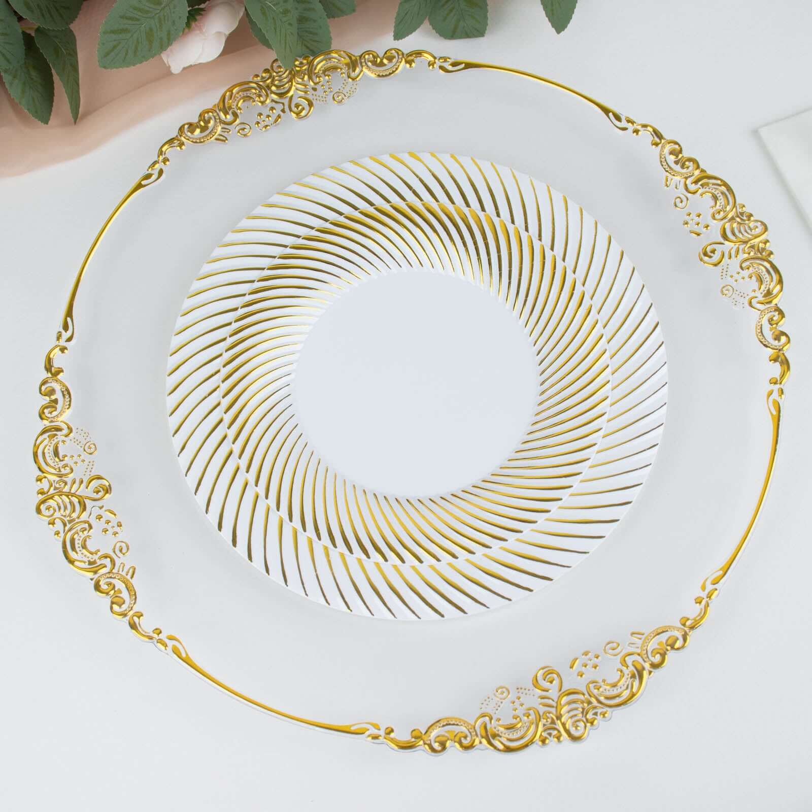 10 - Pack Plastic 7" Round Dessert Plates in White with Gold Swirl Rim - Disposable Salad Plates for Classy Events & Banquets - Bell Racket Store