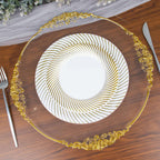 10 - Pack Plastic 7" Round Dessert Plates in White with Gold Swirl Rim - Disposable Salad Plates for Classy Events & Banquets - Bell Racket Store