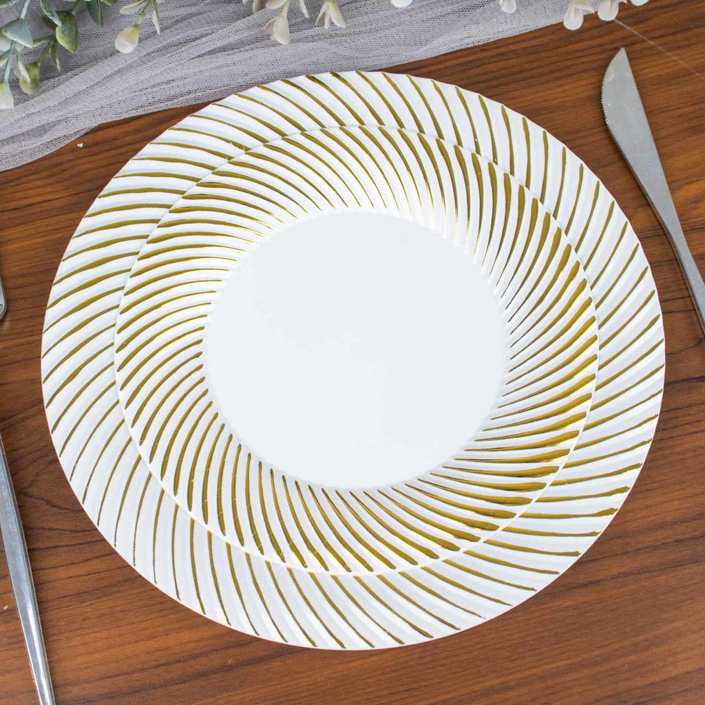 10 - Pack Plastic 7" Round Dessert Plates in White with Gold Swirl Rim - Disposable Salad Plates for Classy Events & Banquets - Bell Racket Store