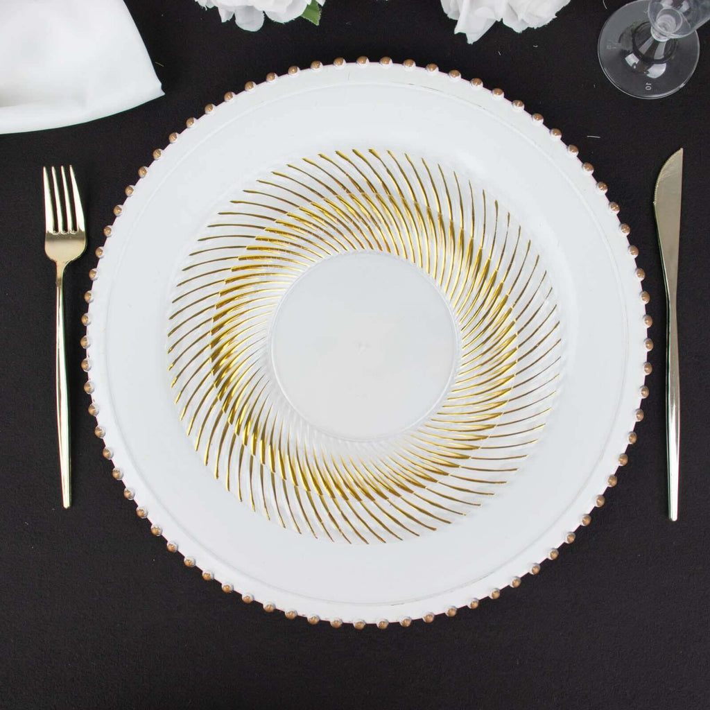 10 - Pack Plastic 7" Round Dessert Plates in White with Gold Swirl Rim - Disposable Salad Plates for Classy Events & Banquets - Bell Racket Store