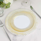 10 - Pack Plastic 7" Round Dessert Plates in White with Gold Swirl Rim - Disposable Salad Plates for Classy Events & Banquets - Bell Racket Store
