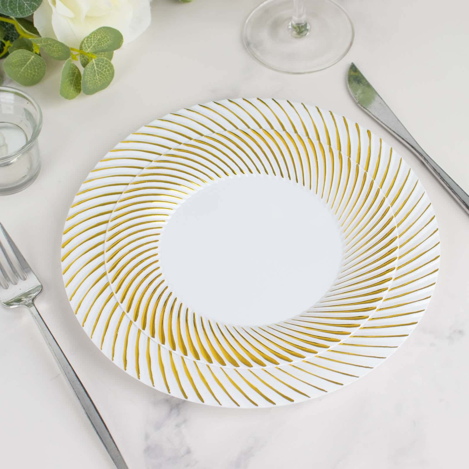 10 - Pack Plastic 7" Round Dessert Plates in White with Gold Swirl Rim - Disposable Salad Plates for Classy Events & Banquets - Bell Racket Store