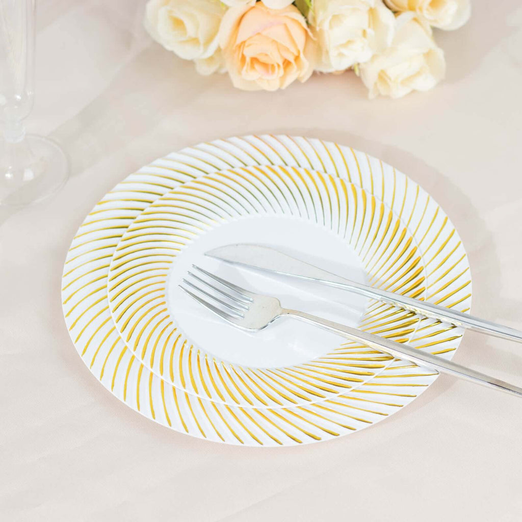 10 - Pack Plastic 7" Round Dessert Plates in White with Gold Swirl Rim - Disposable Salad Plates for Classy Events & Banquets - Bell Racket Store
