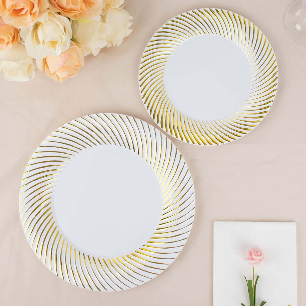 10 - Pack Plastic 7" Round Dessert Plates in White with Gold Swirl Rim - Disposable Salad Plates for Classy Events & Banquets - Bell Racket Store