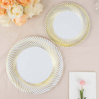 10 - Pack Plastic 7" Round Dessert Plates in White with Gold Swirl Rim - Disposable Salad Plates for Classy Events & Banquets - Bell Racket Store