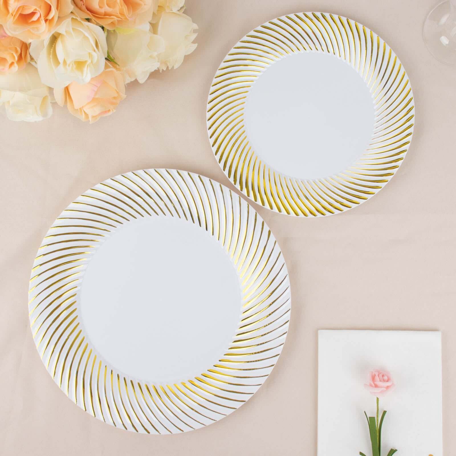 10 - Pack Plastic 7" Round Dessert Plates in White with Gold Swirl Rim - Disposable Salad Plates for Classy Events & Banquets - Bell Racket Store