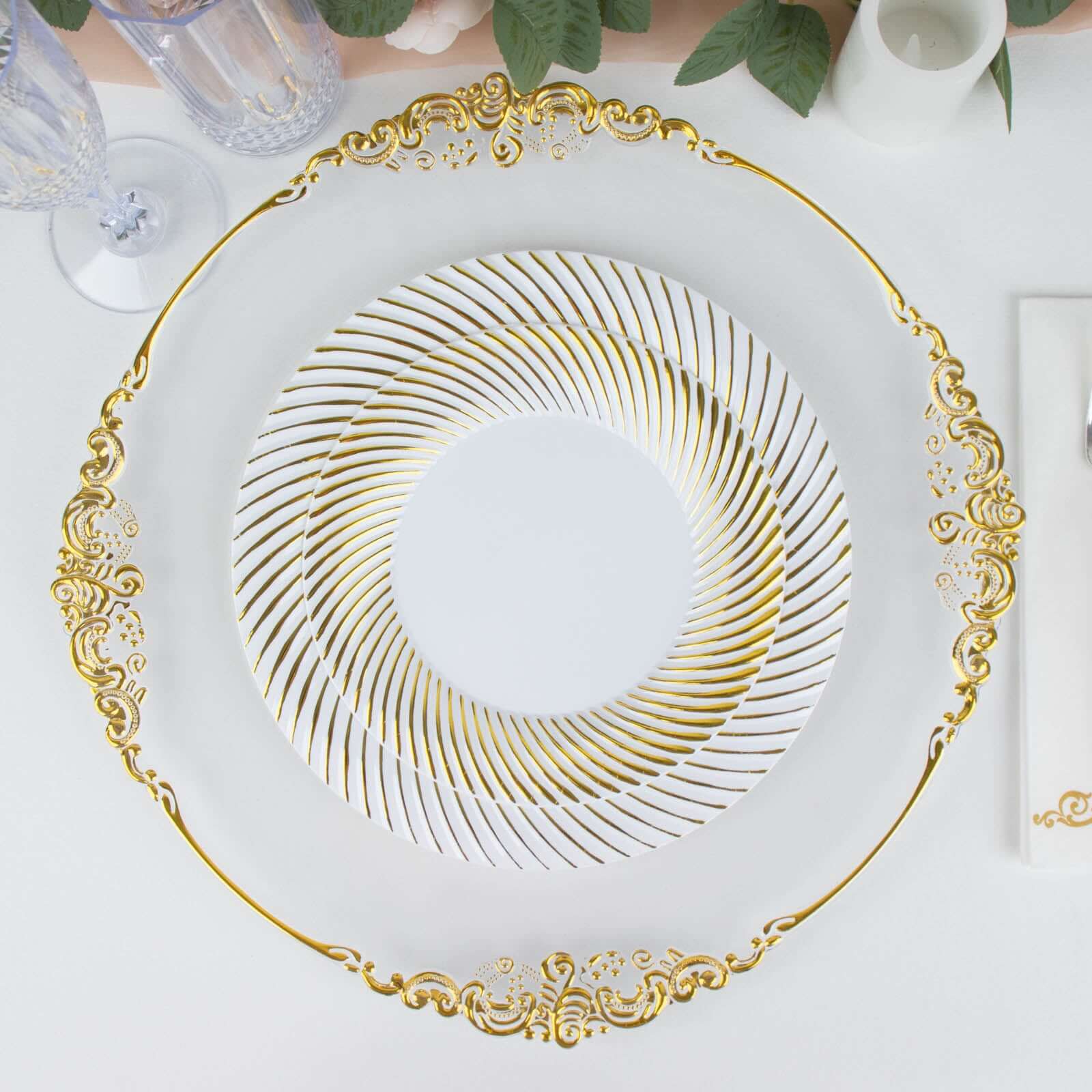 10 - Pack Plastic 7" Round Dessert Plates in White with Gold Swirl Rim - Disposable Salad Plates for Classy Events & Banquets - Bell Racket Store