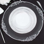 10 - Pack Plastic 7" Round Dessert Plates in White with Silver Swirl Rim - Disposable Salad Plates - Bell Racket Store