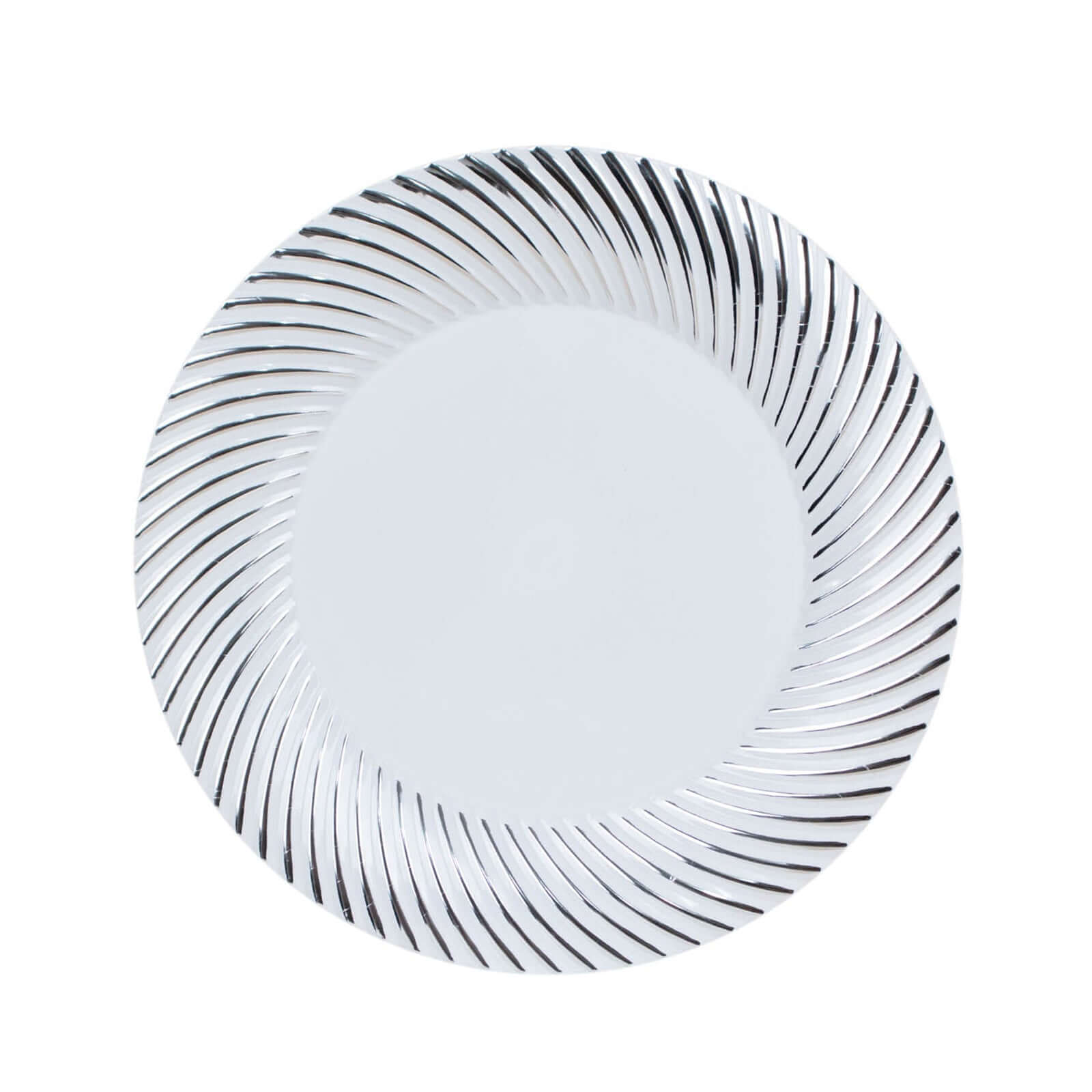 10 - Pack Plastic 7" Round Dessert Plates in White with Silver Swirl Rim - Disposable Salad Plates - Bell Racket Store