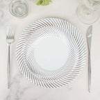 10 - Pack Plastic 7" Round Dessert Plates in White with Silver Swirl Rim - Disposable Salad Plates - Bell Racket Store