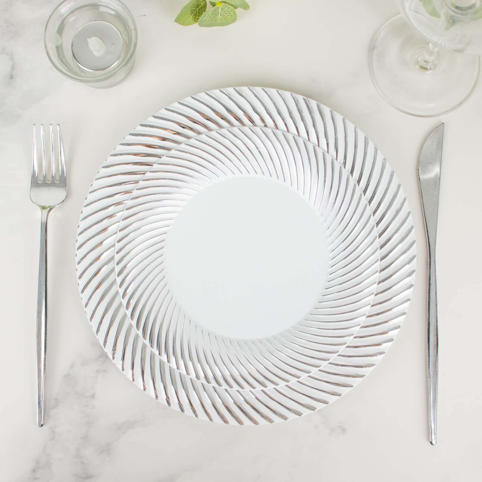10 - Pack Plastic 7" Round Dessert Plates in White with Silver Swirl Rim - Disposable Salad Plates - Bell Racket Store