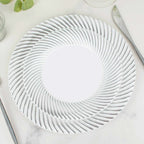10 - Pack Plastic 7" Round Dessert Plates in White with Silver Swirl Rim - Disposable Salad Plates - Bell Racket Store