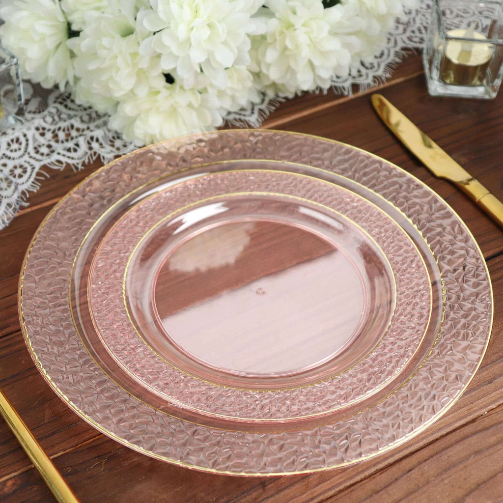 10 - Pack Plastic 7.5" Round Appetizer Plates in Blush Hammered Design with Gold Rim - Disposable Salad Plates for Chic Banquets & Special Occasions - Bell Racket Store