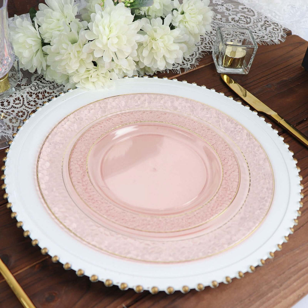 10 - Pack Plastic 7.5" Round Appetizer Plates in Blush Hammered Design with Gold Rim - Disposable Salad Plates for Chic Banquets & Special Occasions - Bell Racket Store