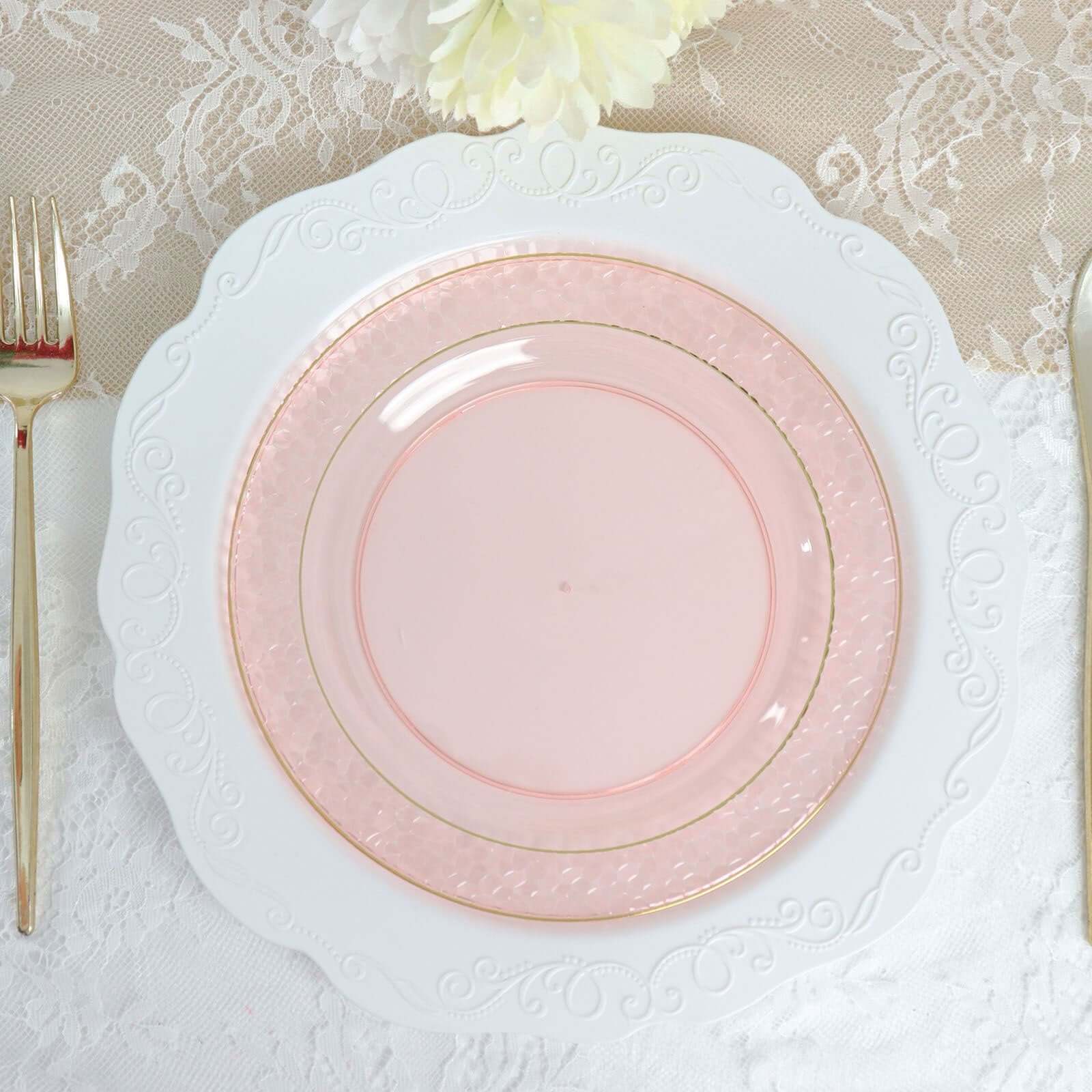 10 - Pack Plastic 7.5" Round Appetizer Plates in Blush Hammered Design with Gold Rim - Disposable Salad Plates for Chic Banquets & Special Occasions - Bell Racket Store
