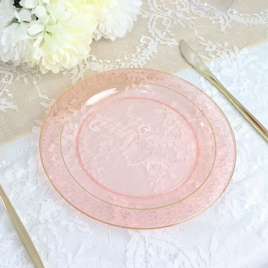 10 - Pack Plastic 7.5" Round Appetizer Plates in Blush Hammered Design with Gold Rim - Disposable Salad Plates for Chic Banquets & Special Occasions - Bell Racket Store