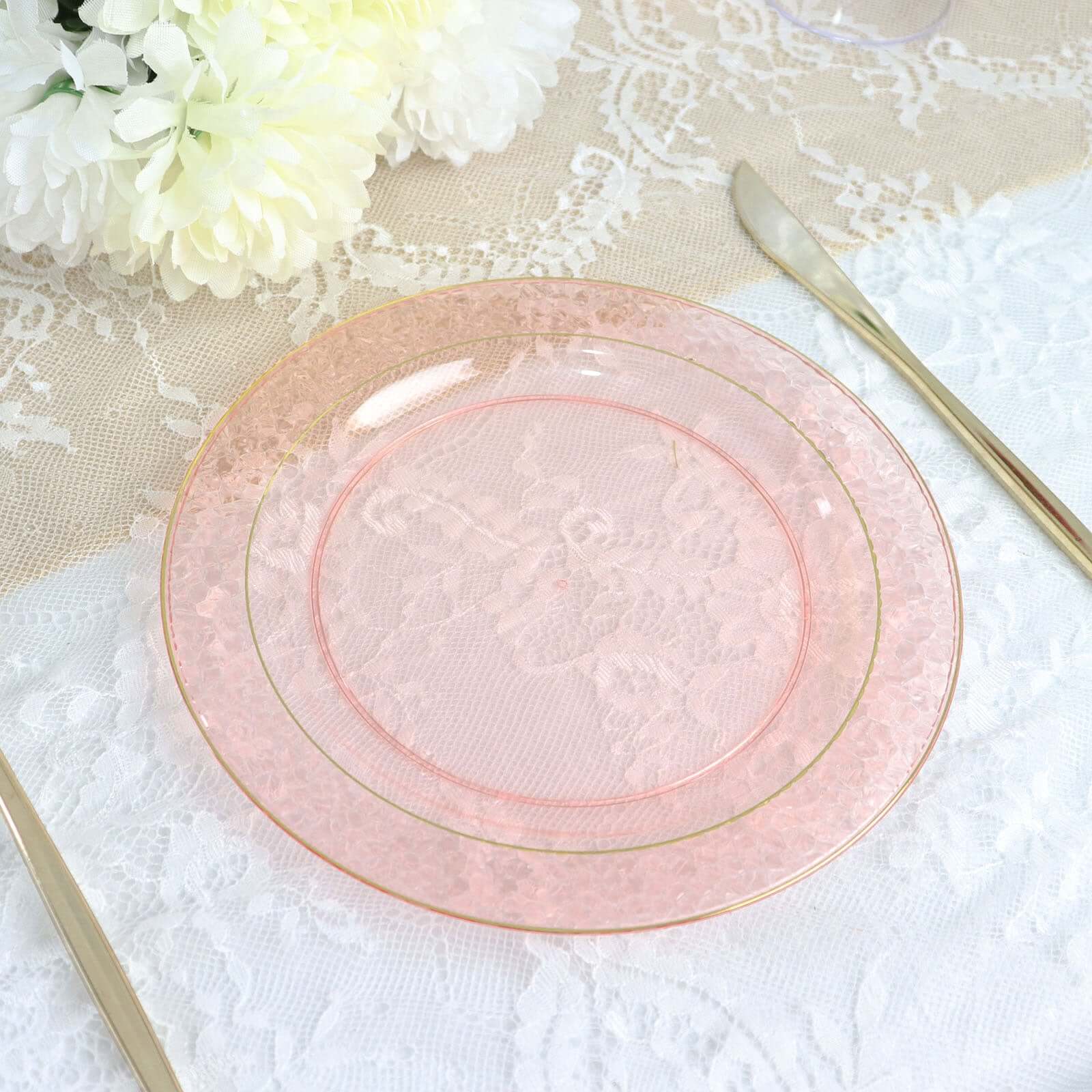 10 - Pack Plastic 7.5" Round Appetizer Plates in Blush Hammered Design with Gold Rim - Disposable Salad Plates for Chic Banquets & Special Occasions - Bell Racket Store