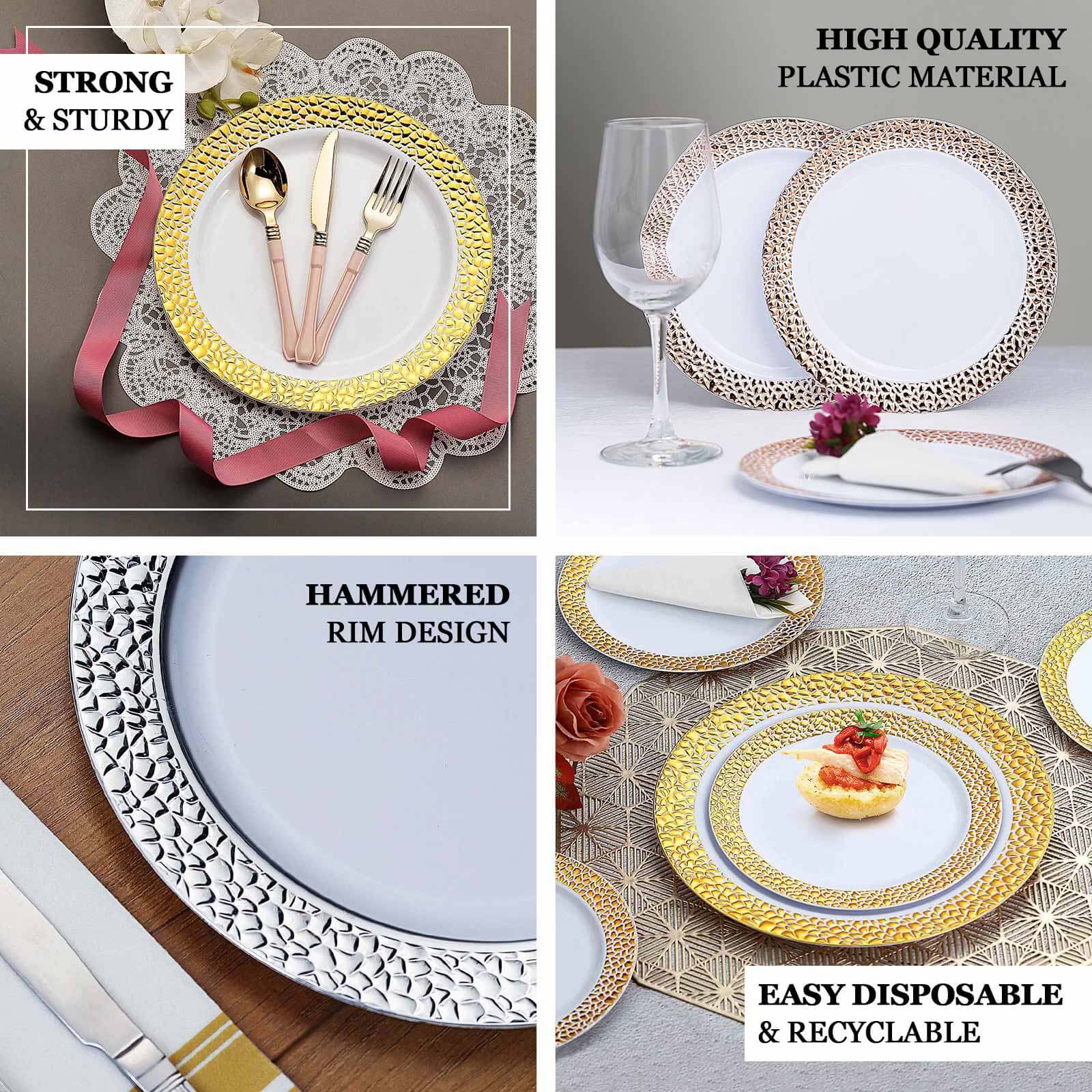 10 - Pack Plastic 7.5" Round Appetizer Plates in Blush Hammered Design with Gold Rim - Disposable Salad Plates for Chic Banquets & Special Occasions - Bell Racket Store