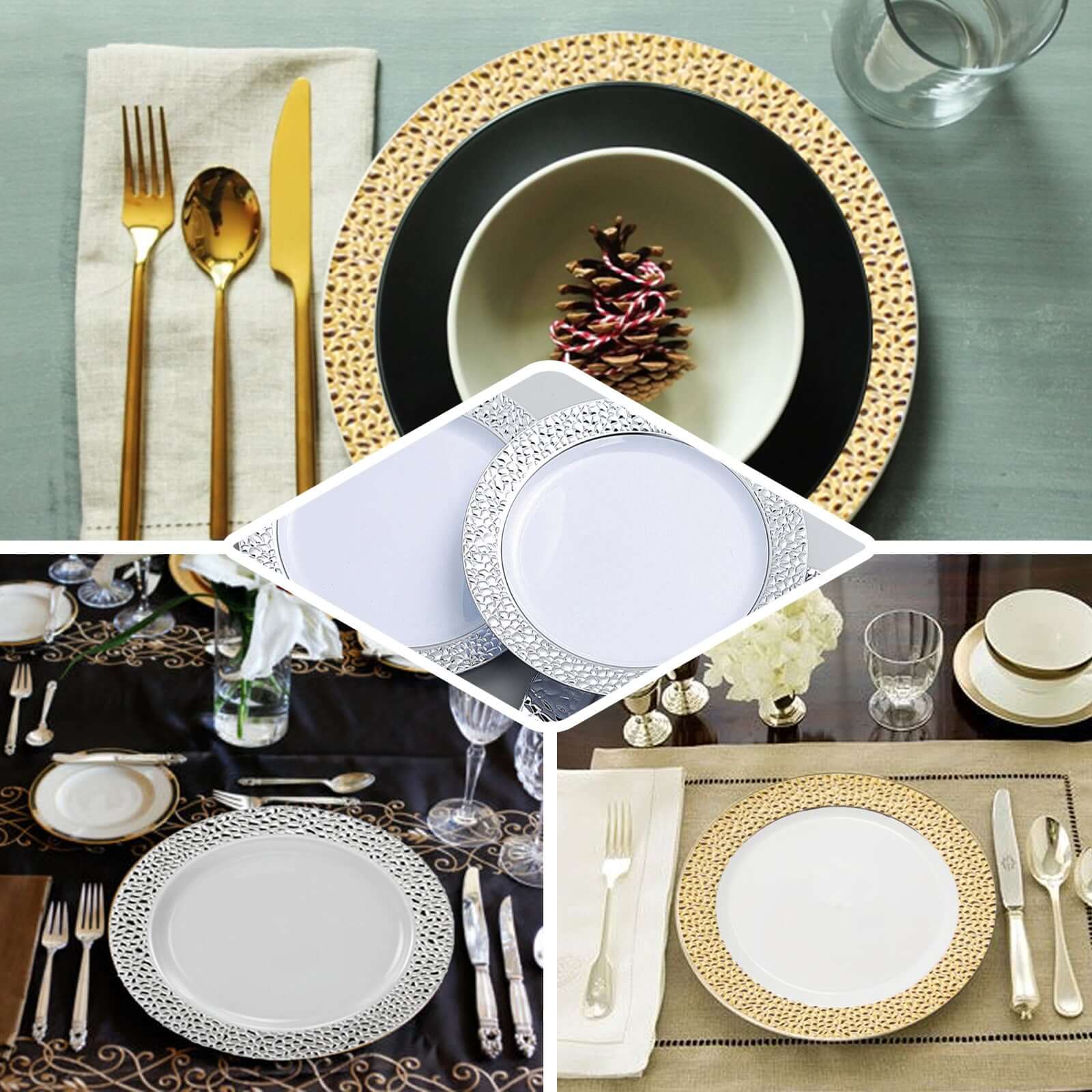 10 - Pack Plastic 7.5" Round Appetizer Plates in Blush Hammered Design with Gold Rim - Disposable Salad Plates for Chic Banquets & Special Occasions - Bell Racket Store
