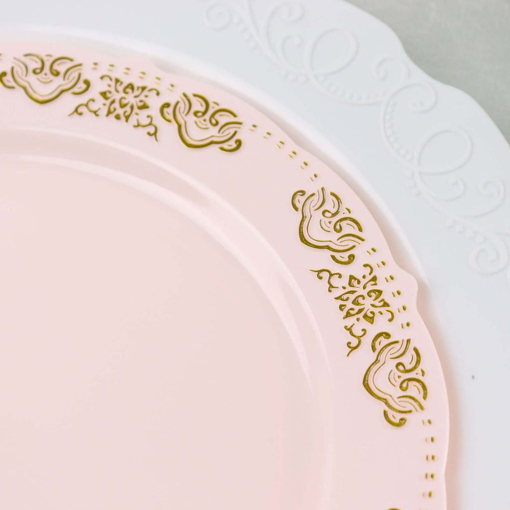10 - Pack Plastic 7.5" Round Appetizer Plates in Blush with Gold Embossed Scalloped Edge - Chic Disposable Salad Plates for Special Occasions & Banquets - Bell Racket Store